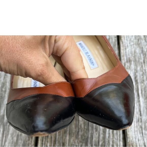 Manolo Blahnik Colorblock Leather Pumps in Black and Cognac Brown 37.5 - Picture 3 of 15